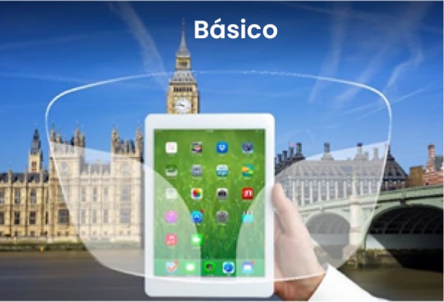 Ilustración de lentes progresivas básicas que muestra una vista clara de una tableta con el fondo del Big Ben y el puente de Westminster en Londres.